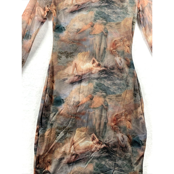 Pretty Little Thing Shape Nude Renaissance Print Mesh Square Neck Bodycon Size 6 - Picture 4 of 9